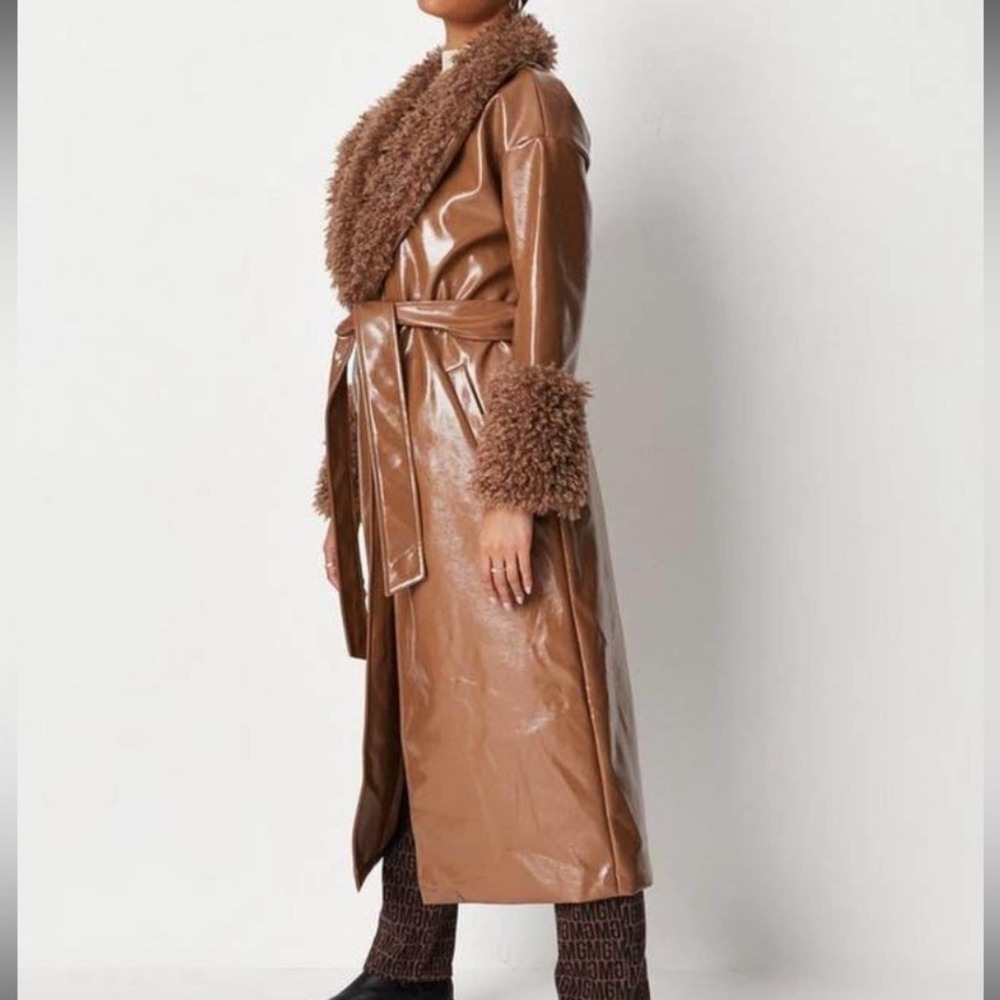 Missguided 4 small brown tan vinyl and faux fur trench jacket pockets